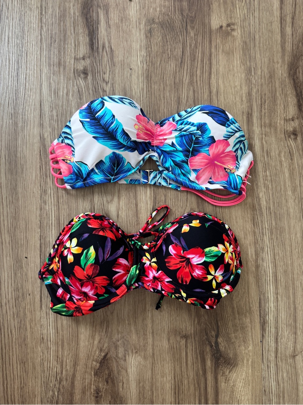 Forever Young Tropical Floral Bandeau Bikini Tops - Pink, Blue & Black Floral